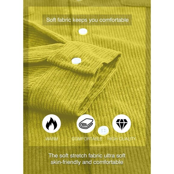 Men Yellow Corduroy Shirt Casual Long Sleeve Button Up Jacket Style Top - Picture 5 of 8